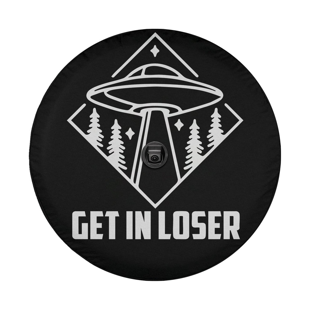 Get In Loser spare tire cover mounted on a red Bronco rear with bold pink slogan text and playful design