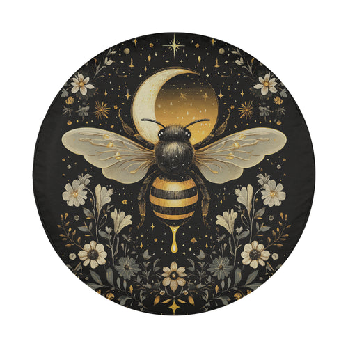 Celestial Buzz spare tire cover flat artwork with golden bee, crescent moon, stars and pale wildflower border