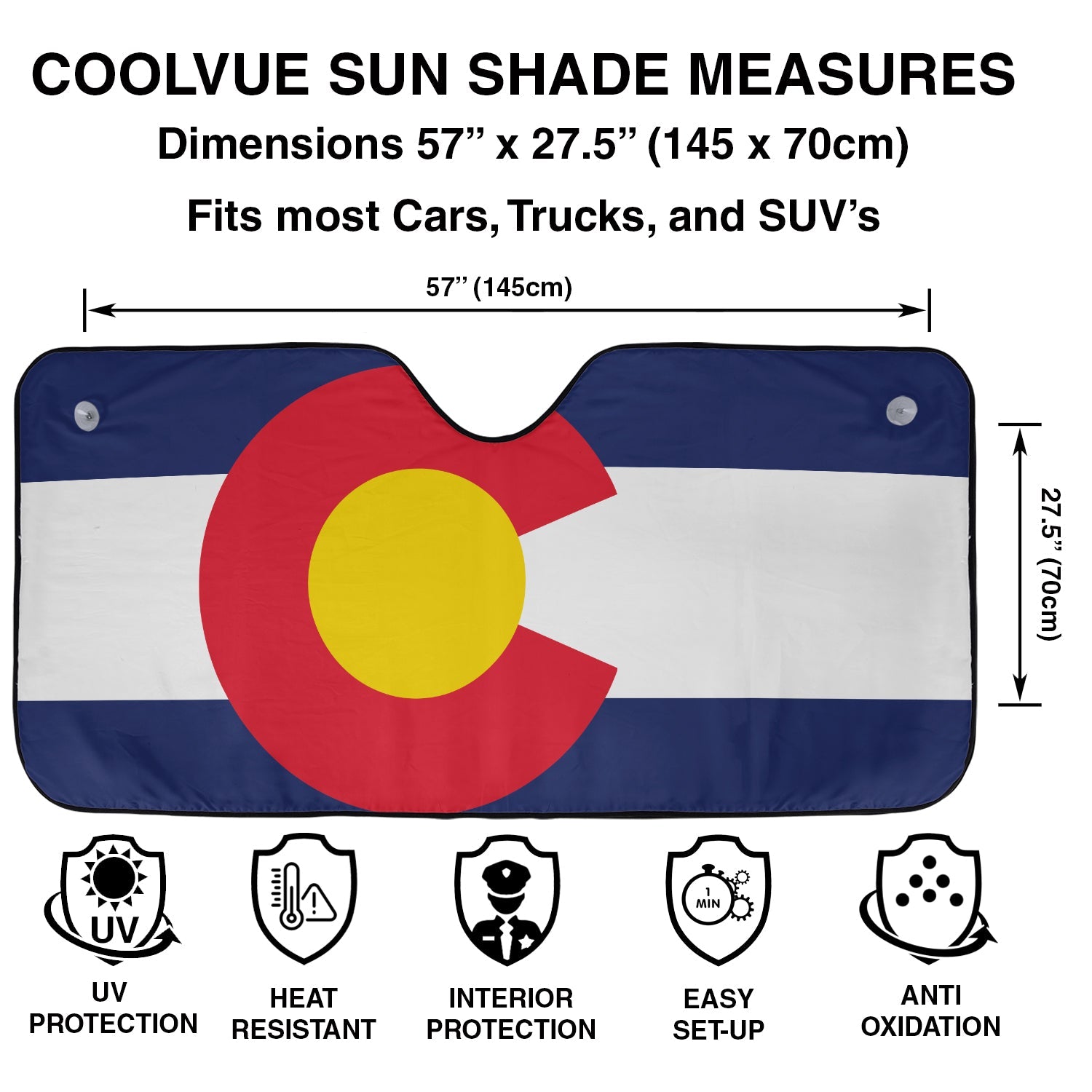 Colorado flag accordion sunshade infographic showing 57 by 27.5 inch dimensions, UV and heat protection icons