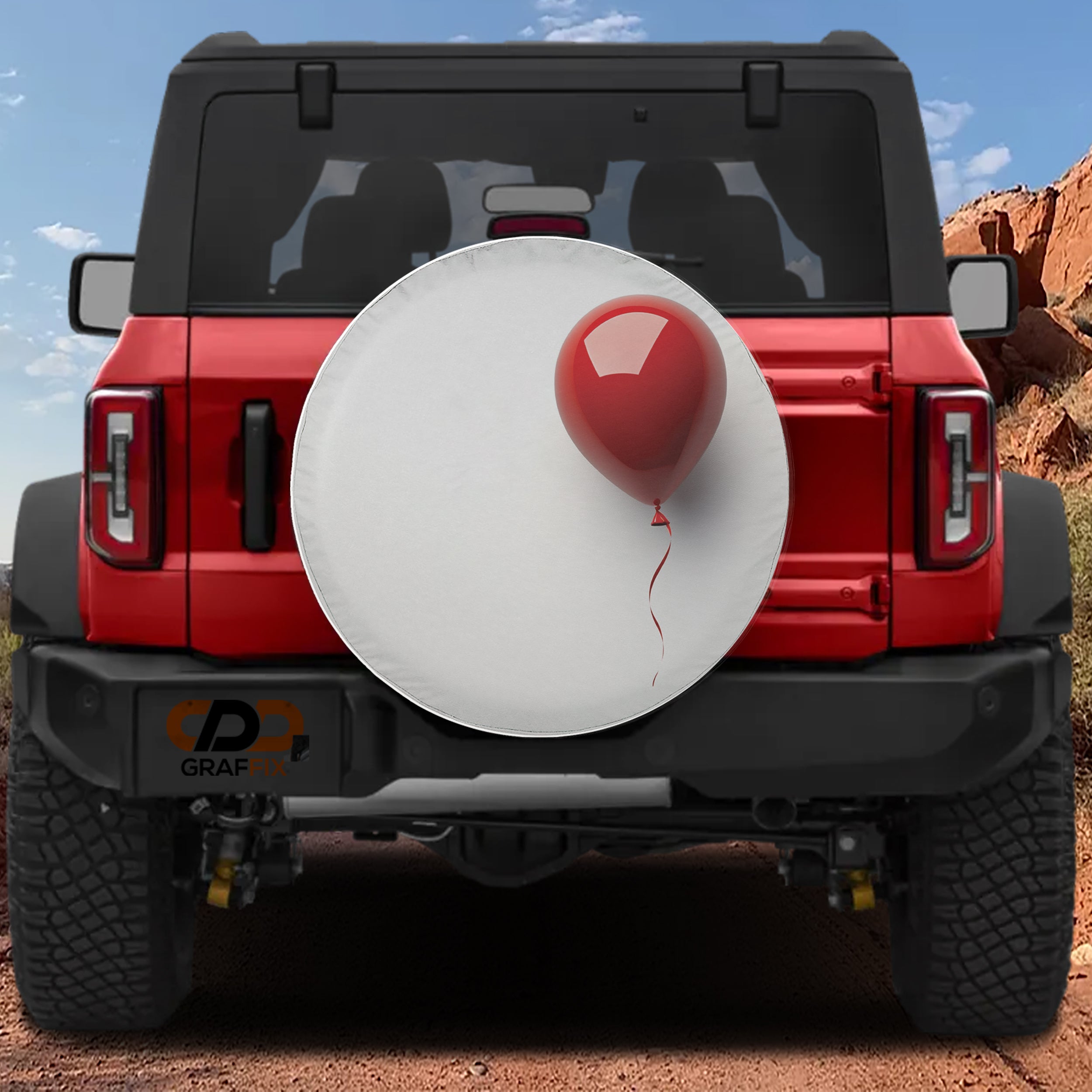 Floating Red Balloon design printed spare tire cover with optional backup camera hole by Graffix