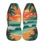 a serene tropical beach scene with palm trees, a vibrant sunset, and crashing waves.
