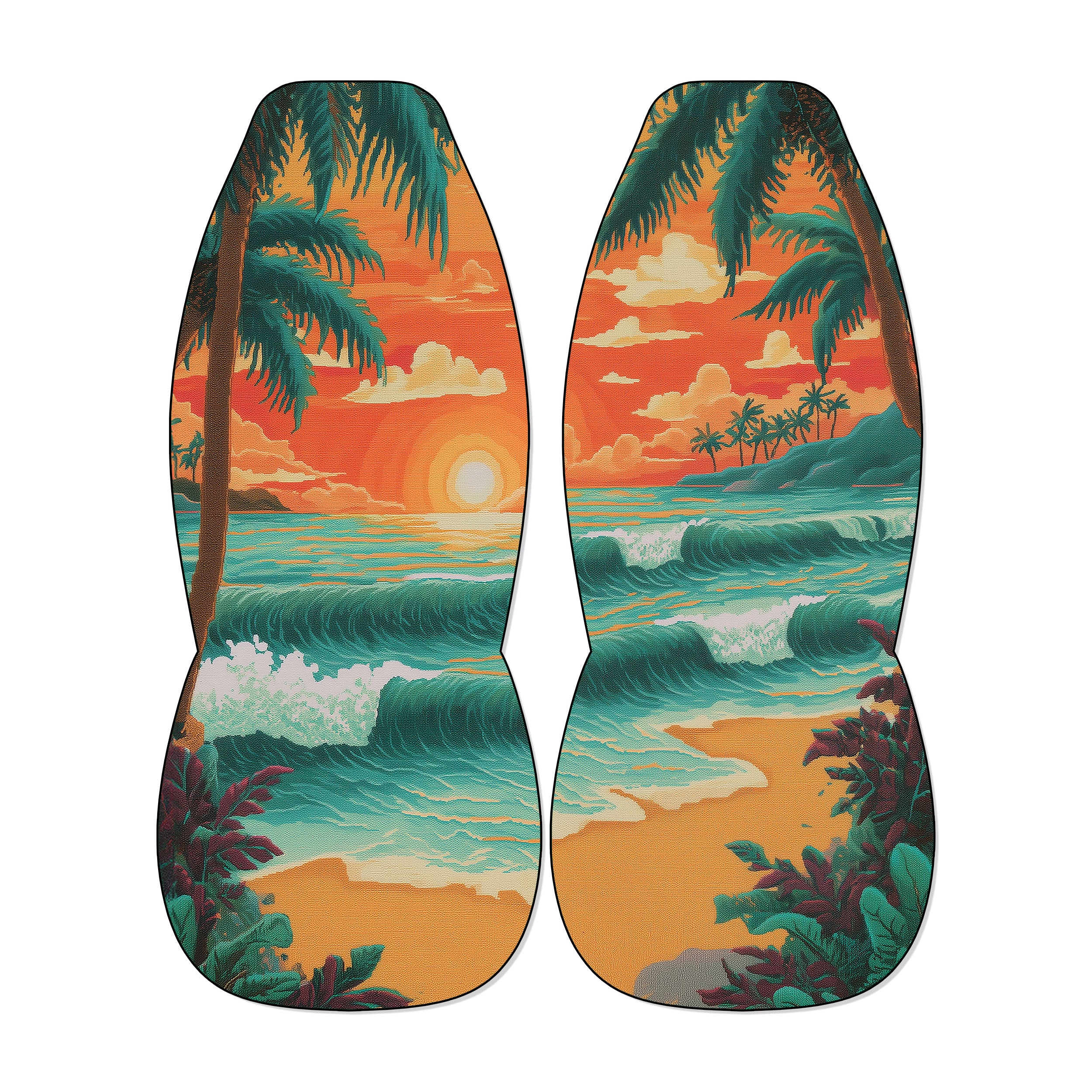 a serene tropical beach scene with palm trees, a vibrant sunset, and crashing waves.