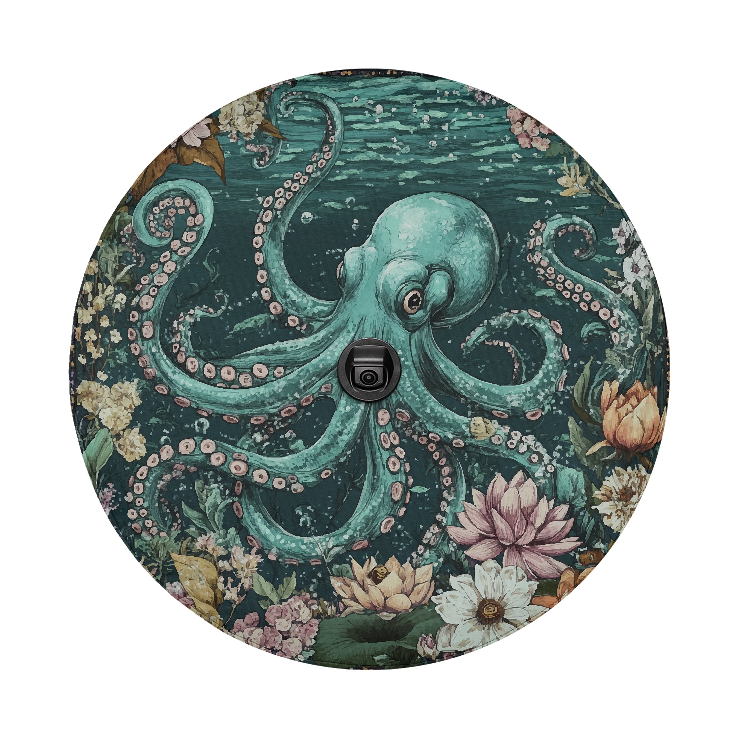 Enchanted octopus spare tire cover closeup of teal octopus with floral lotus detail