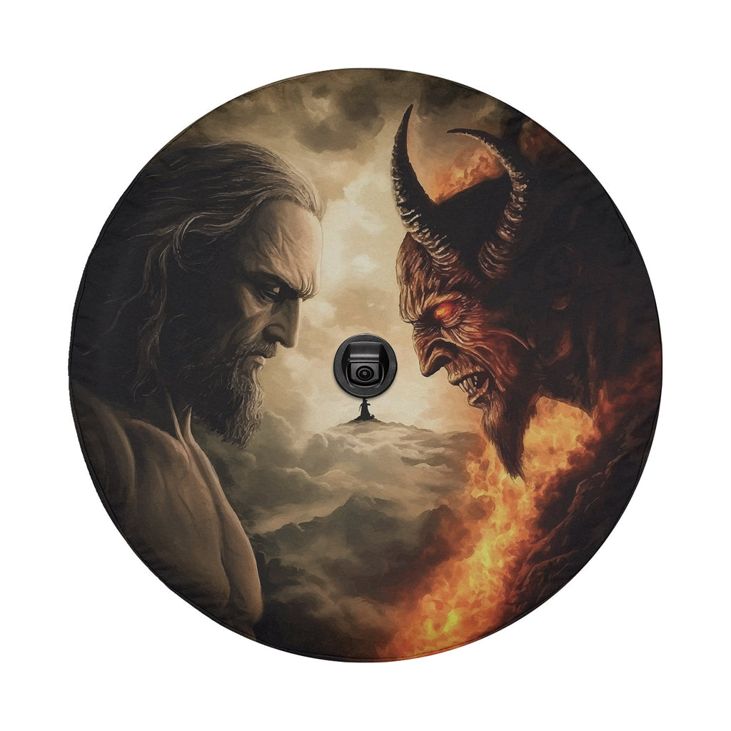 Heaven vs Hell Ultimate Battle spare tire cover detail with bearded sage and horned demon and camera cutout