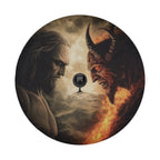 Heaven vs Hell Ultimate Battle spare tire cover detail with bearded sage and horned demon and camera cutout