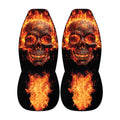 two skull car seat covers with a fiery design.