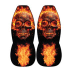 two skull car seat covers with a fiery design.