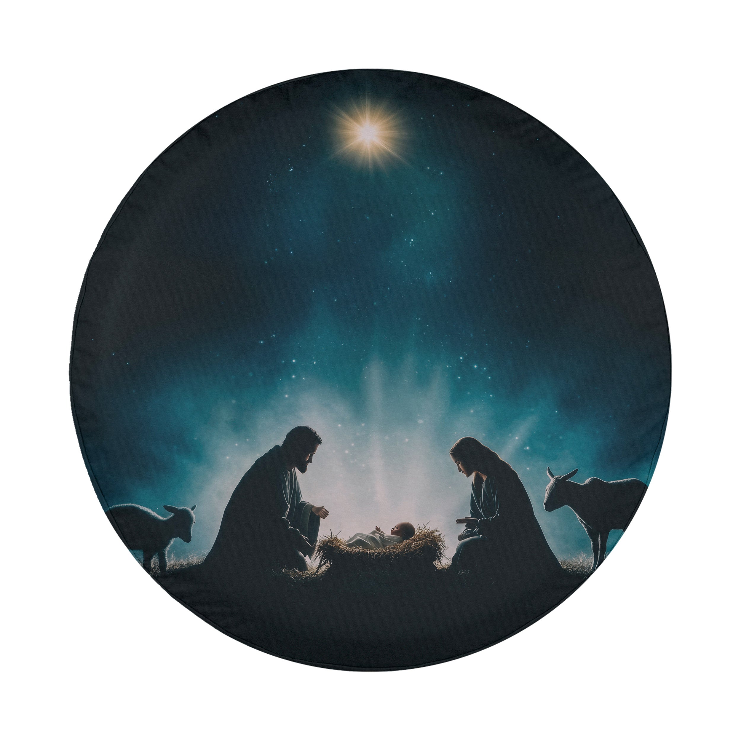 A nativity scene depicting the birth of Jesus Christ, with the Virgin Mary and baby Jesus in a manger surrounded by animals.