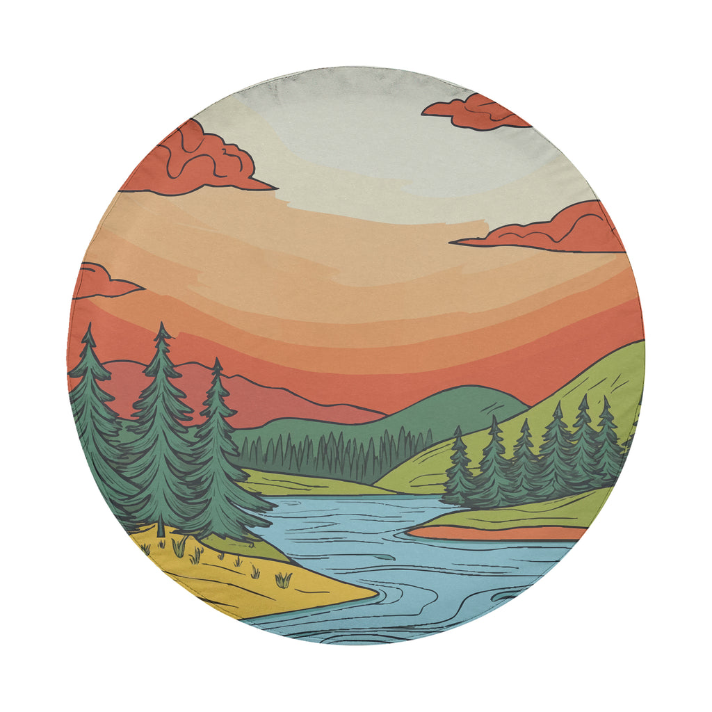 Flat minimalistic sunset spare tire cover artwork with orange sky, pine forest, river and rolling hills