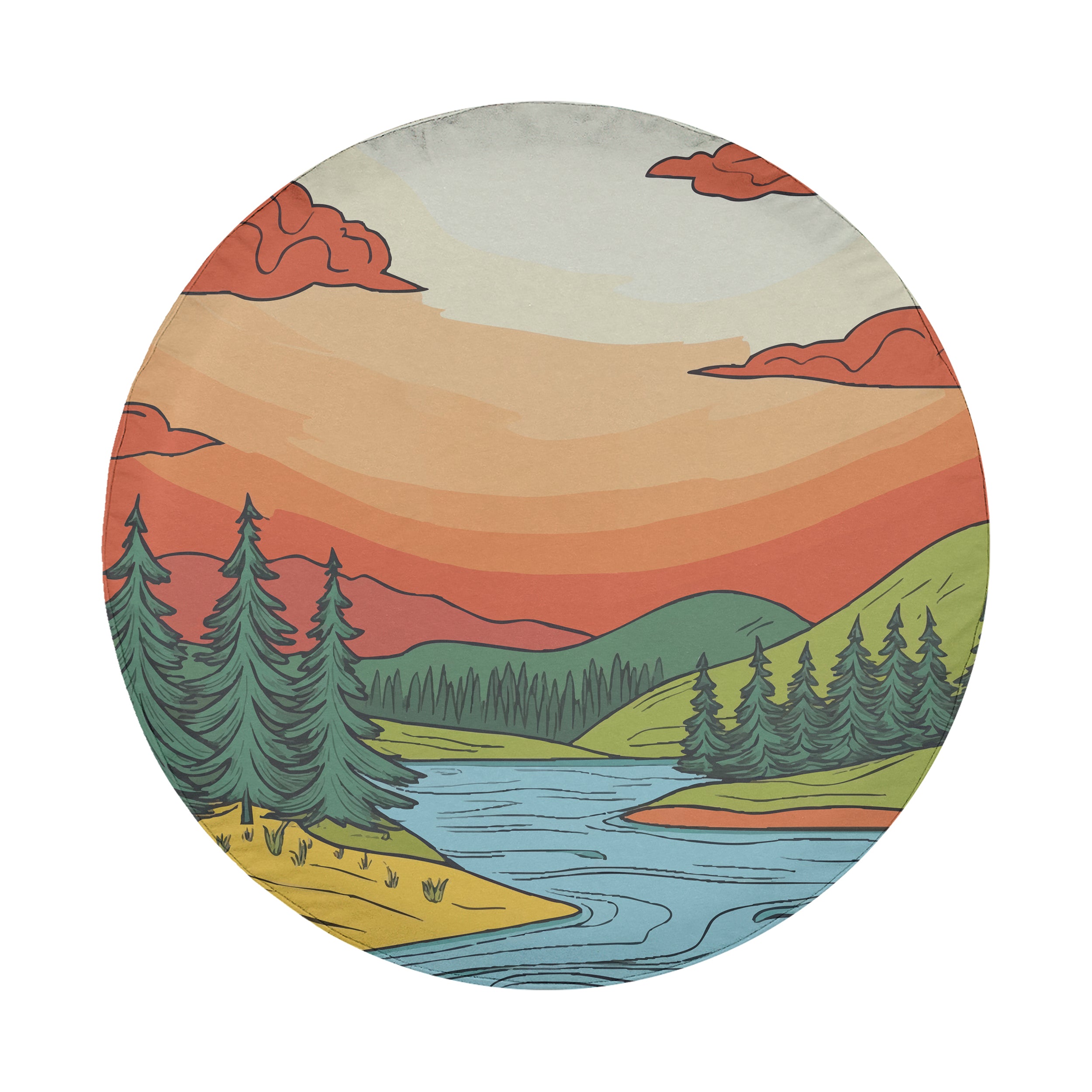 Flat minimalistic sunset spare tire cover artwork with orange sky, pine forest, river and rolling hills