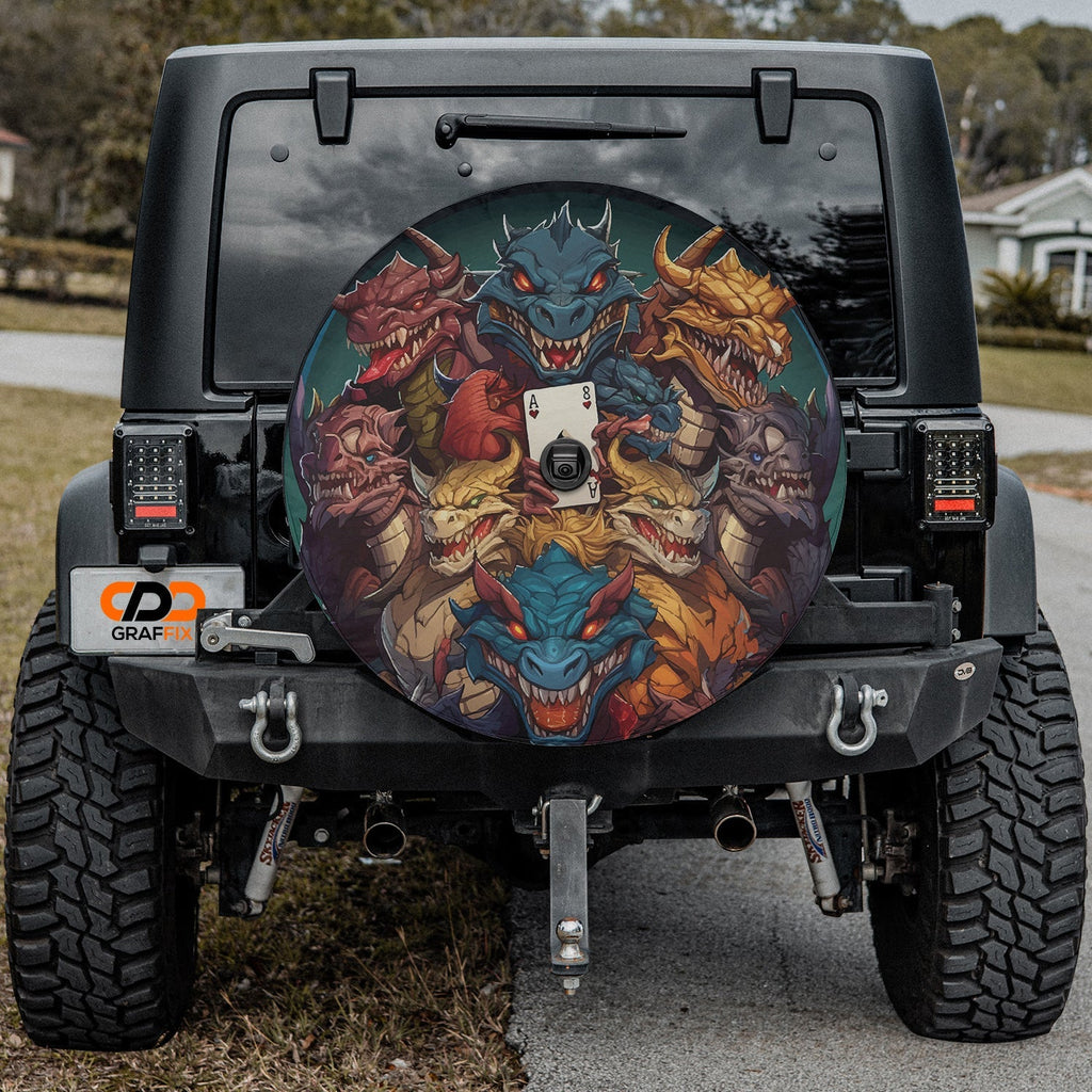 Black Jeep Wrangler with dragon ace mischief tire cover showcasing fierce multi colored dragon heads