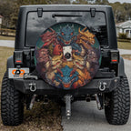 Black Jeep Wrangler with dragon ace mischief tire cover showcasing fierce multi colored dragon heads