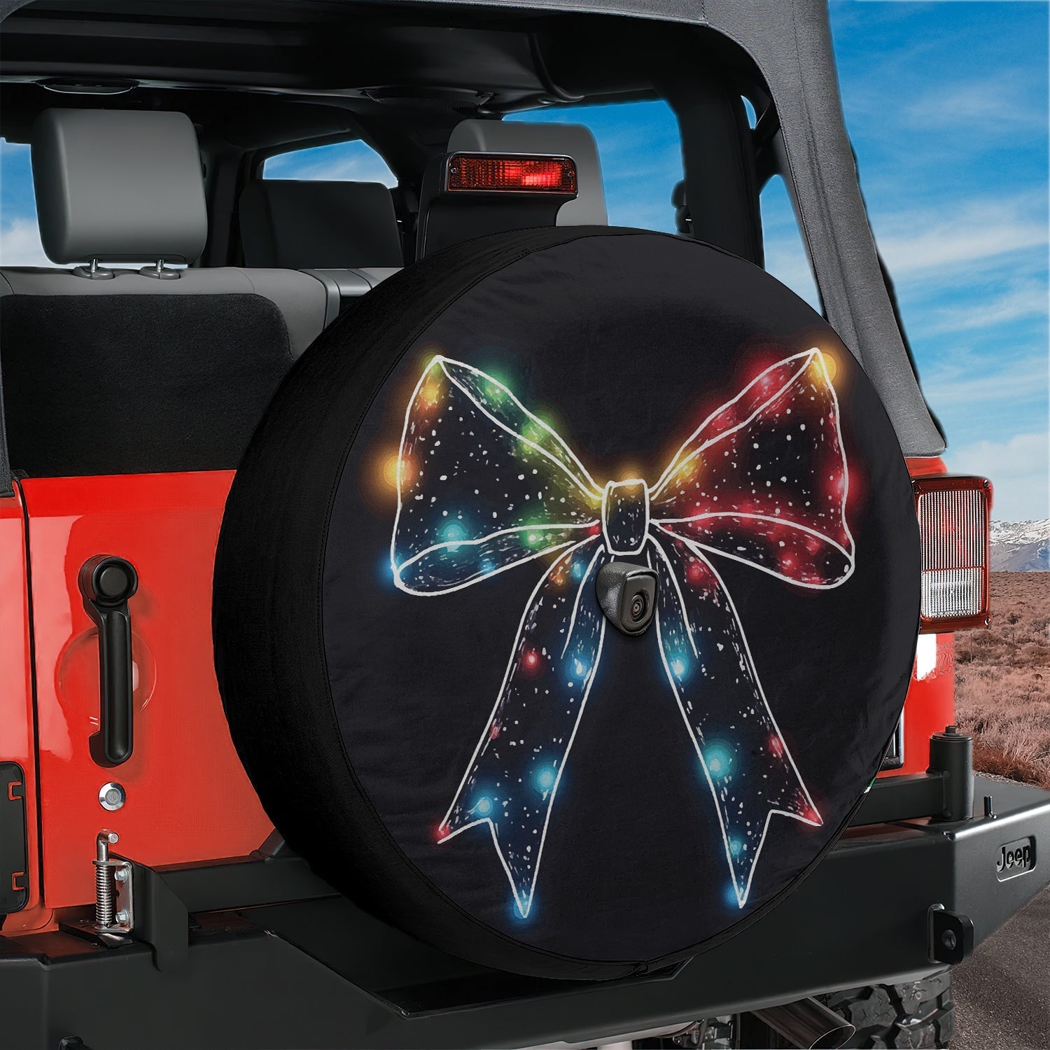 Christmas Lights Bow spare tire cover Ford Bronco rear mockup desert backdrop with glowing bow design