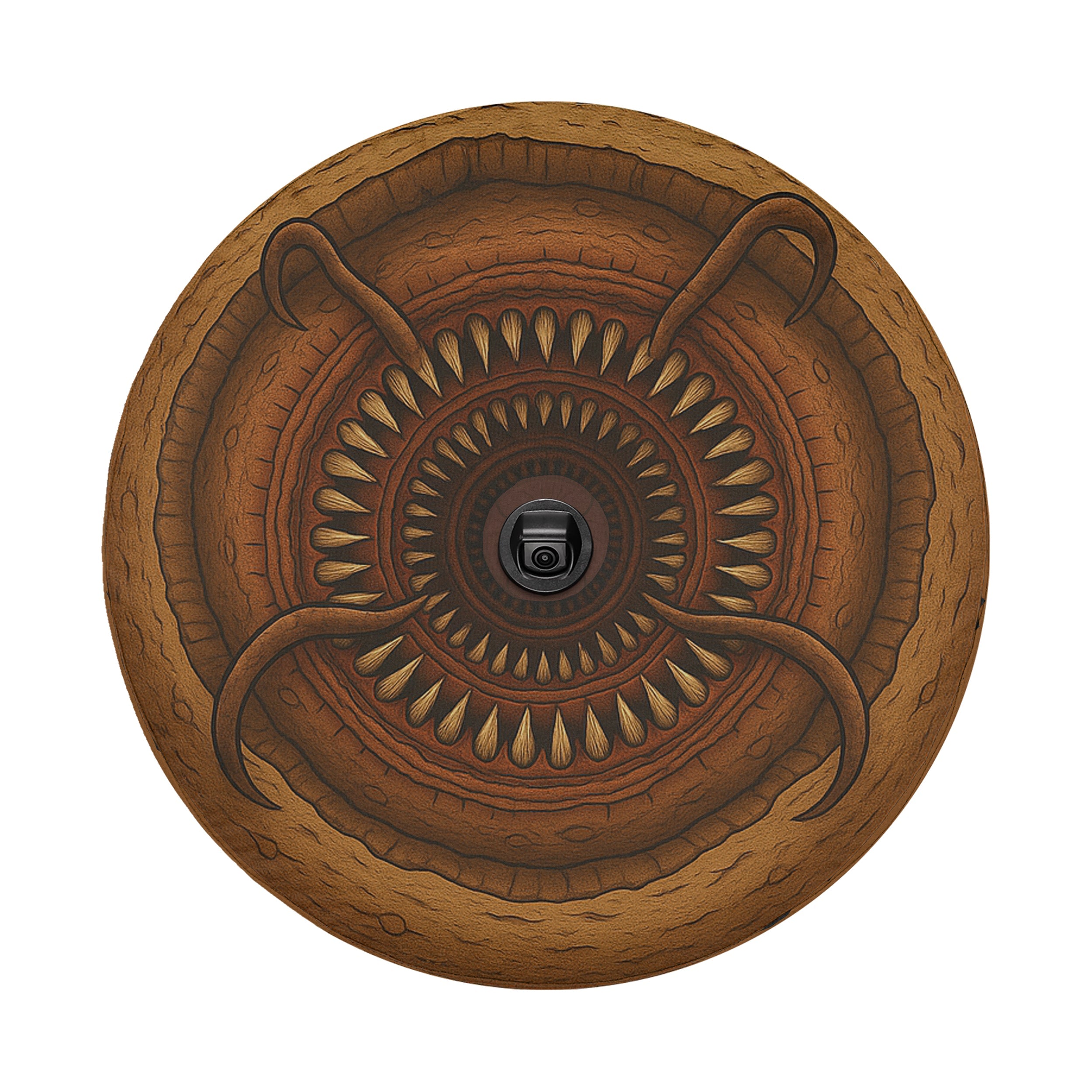 a circular design with a central black object surrounded by intricate patterns and designs in brown and orange tones.