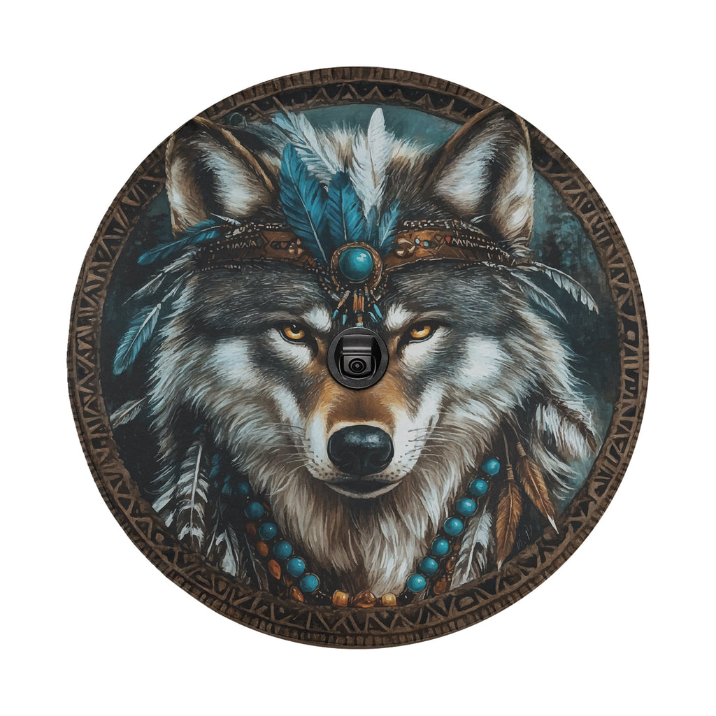 Native American turquoise wolf spare tire cover flat-lay product photo with feather artwork