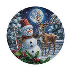 Flat round Christmas spare tire cover featuring a smiling snowman and reindeer in moonlit forest