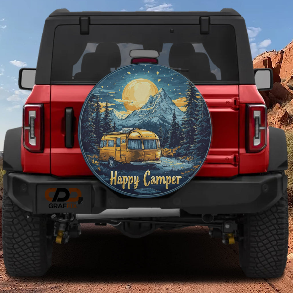 Happy Camper spare tire cover on red Bronco yellow RV mountains pine forest moon and stars artwork