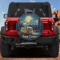 Happy Camper spare tire cover on red Bronco yellow RV mountains pine forest moon and stars artwork