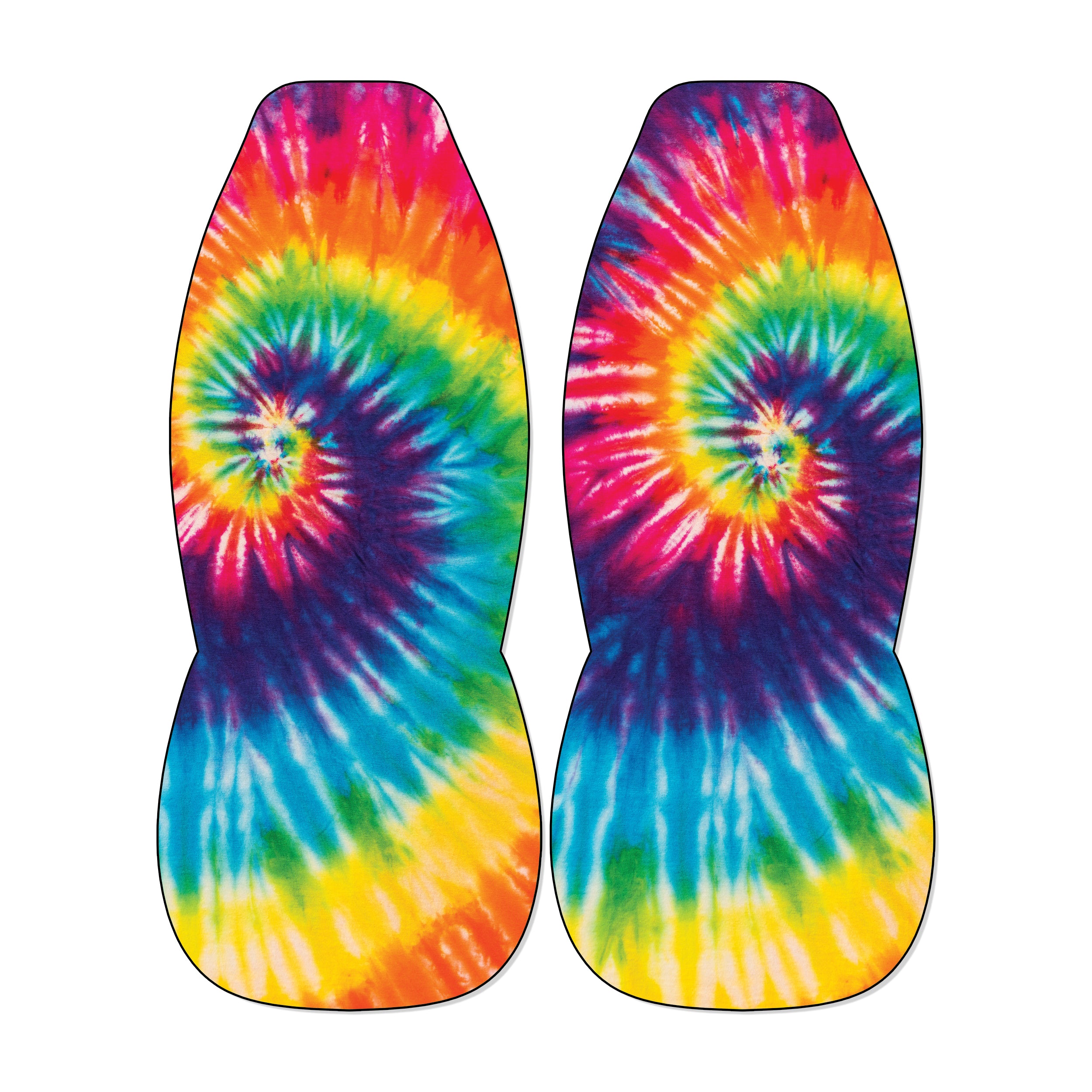 Rainbow tie-dye front car seat covers with vibrant multicolor swirl print on universal bucket seats