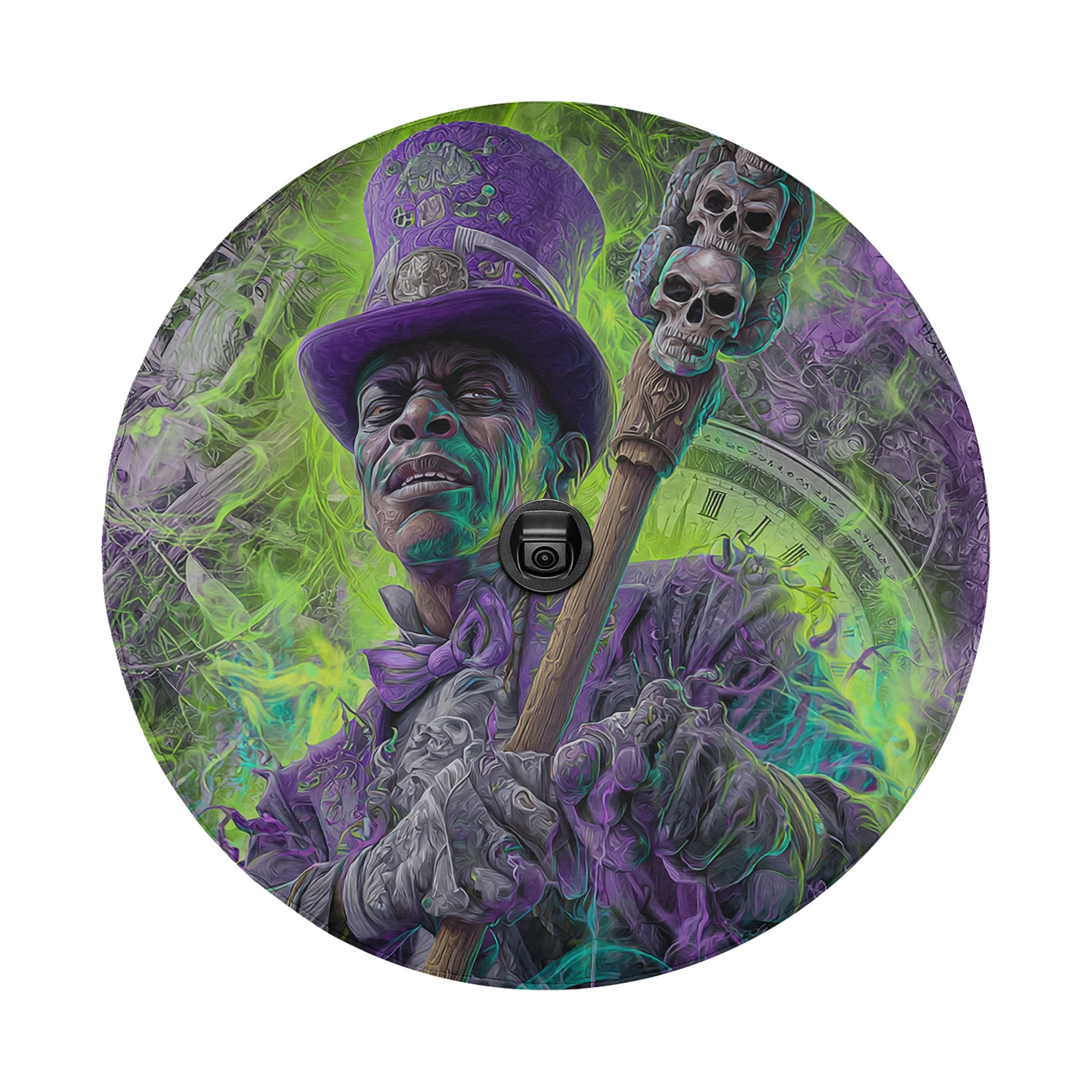 The image is a vibrant and colorful depiction of a character with a top hat, surrounded by a mix of green, purple, and black elements.