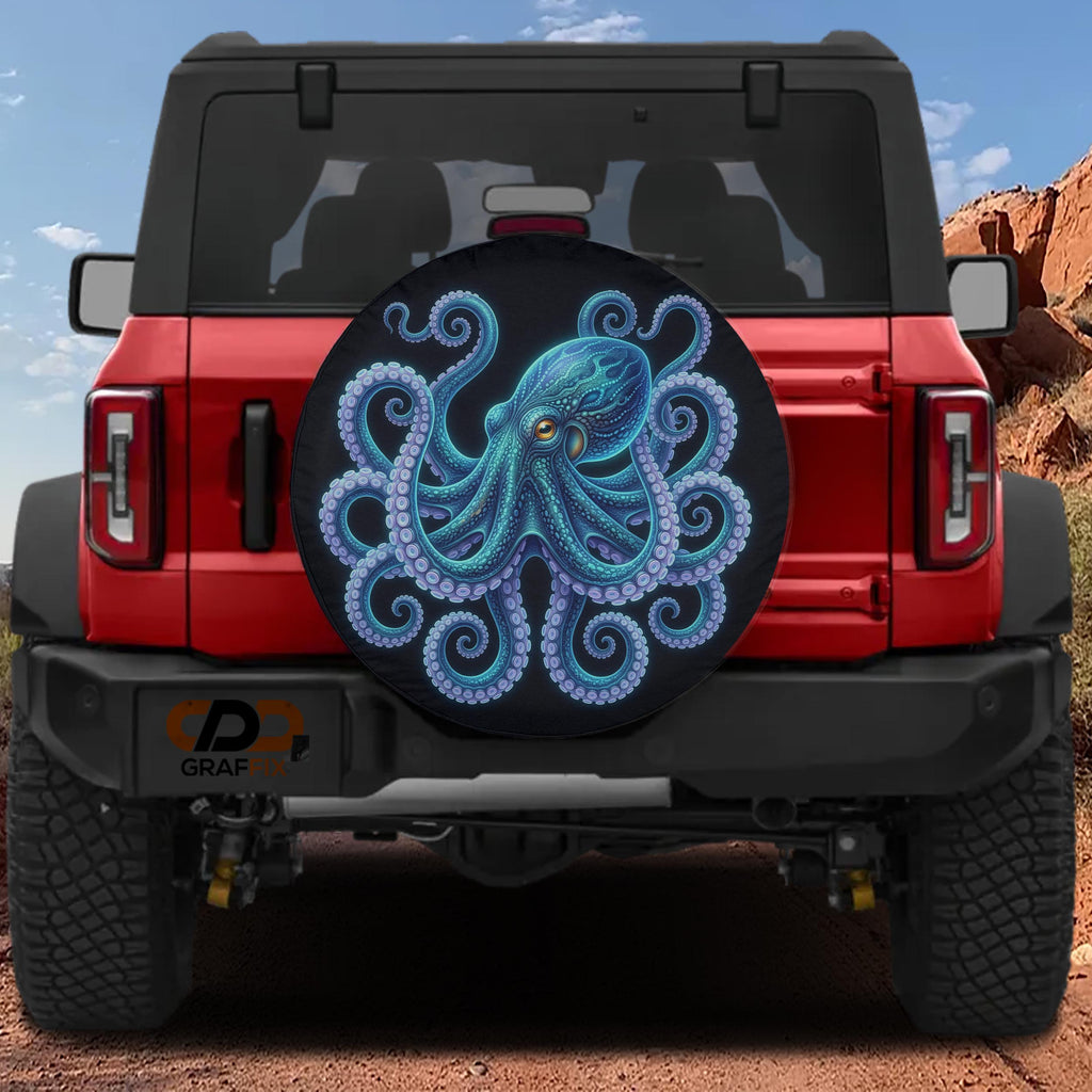 a red Jeep Wrangler with a large octopus-themed spare tire cover on the rear.