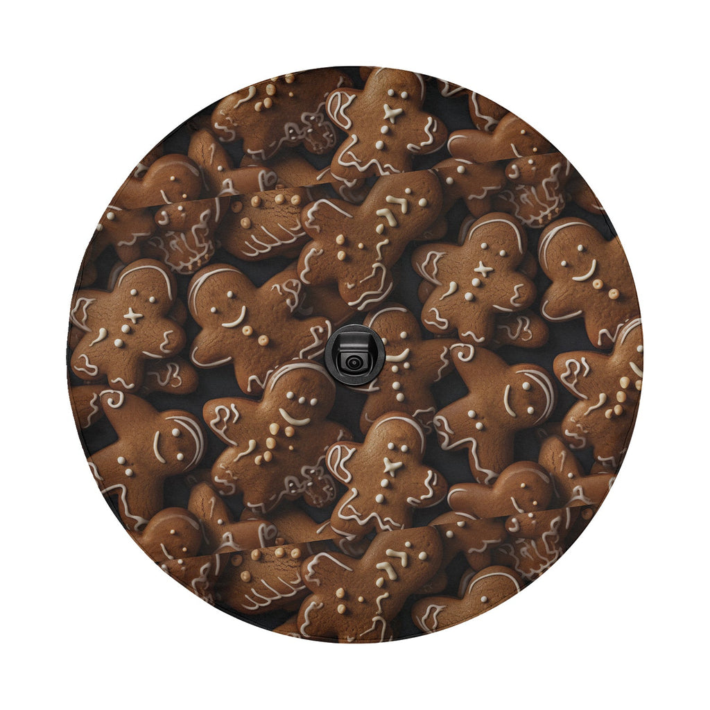 Gingerbread cookies tire cover with backup camera hole brown iced cookie pattern on white background