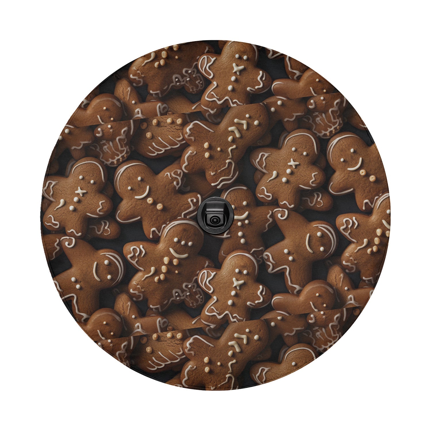 Gingerbread cookies tire cover with backup camera hole brown iced cookie pattern on white background