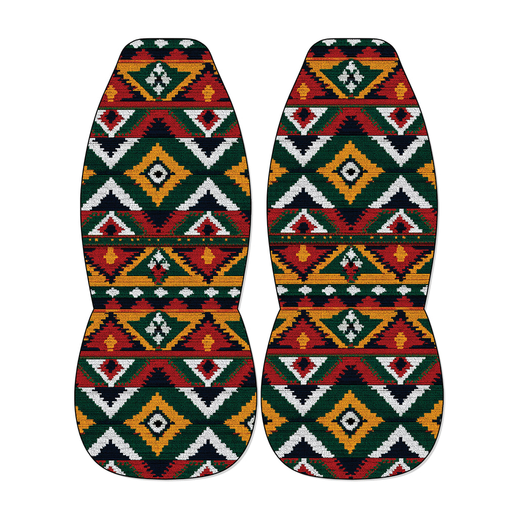 two colorful, patterned objects with a geometric design.