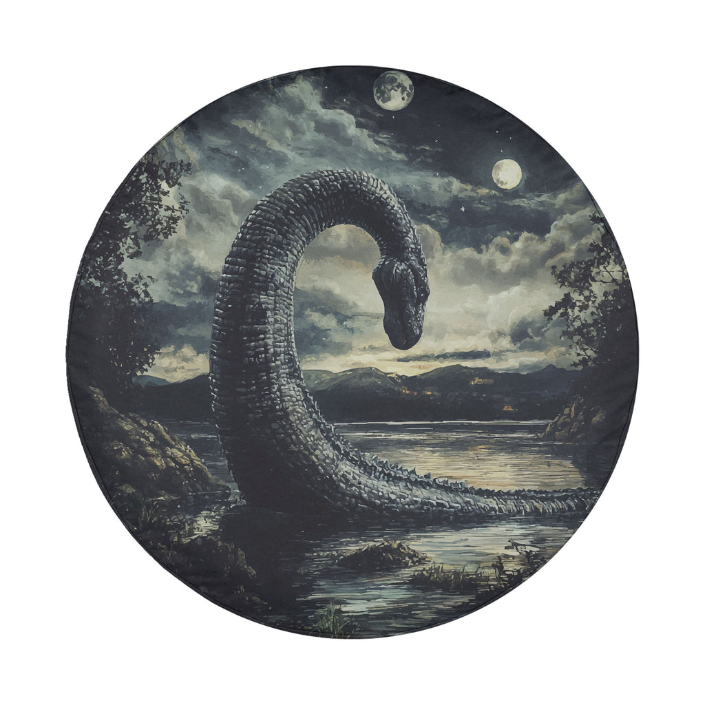 Loch Ness by Moonlight spare tire cover round design with lake serpent silhouetted under moonlit clouds