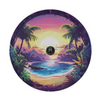 Paradise sunset tire cover with backup camera cutout tropical lagoon palms neon sky white background