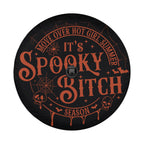 Spooky Bitch Season Halloween tire cover fabric print closeup with orange typography detail