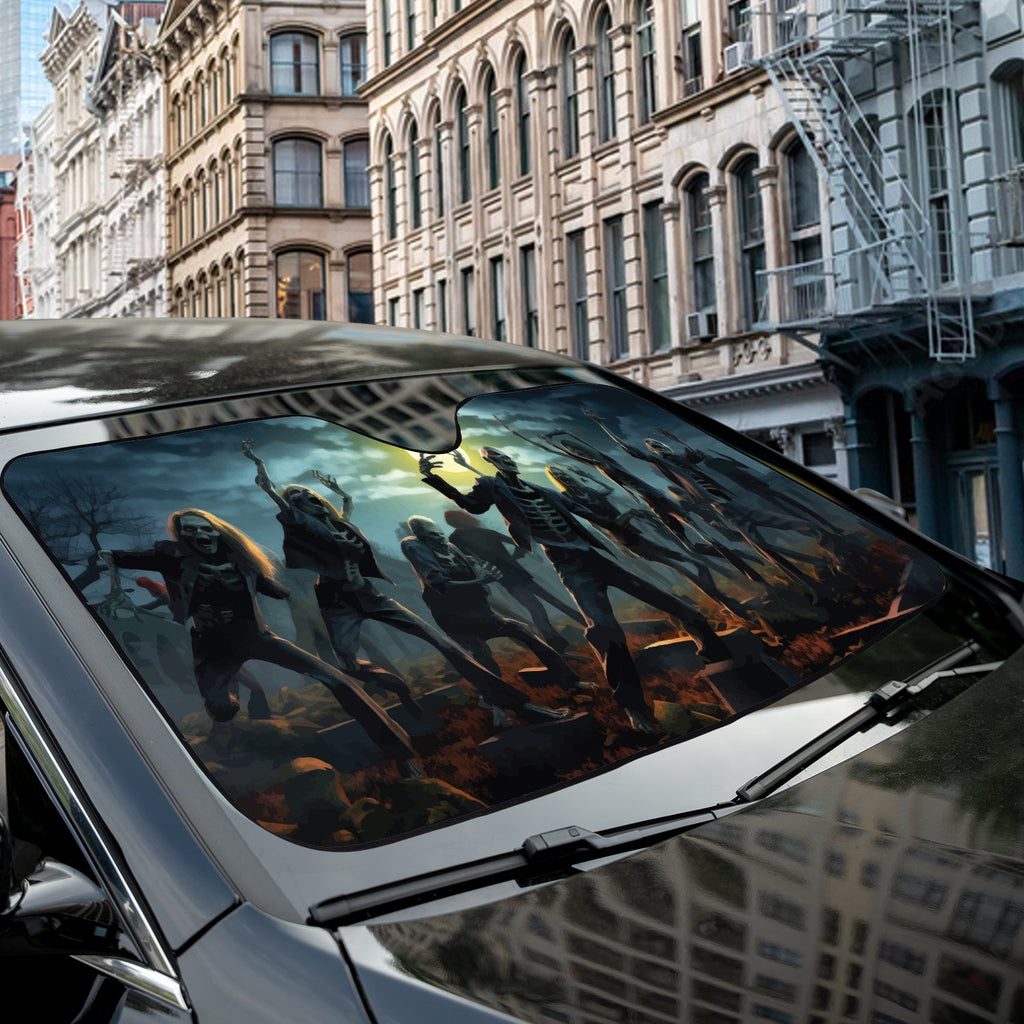 Zombie Dance accordion sunshade close-up installed on a dark sedan windshield exterior detail view shown