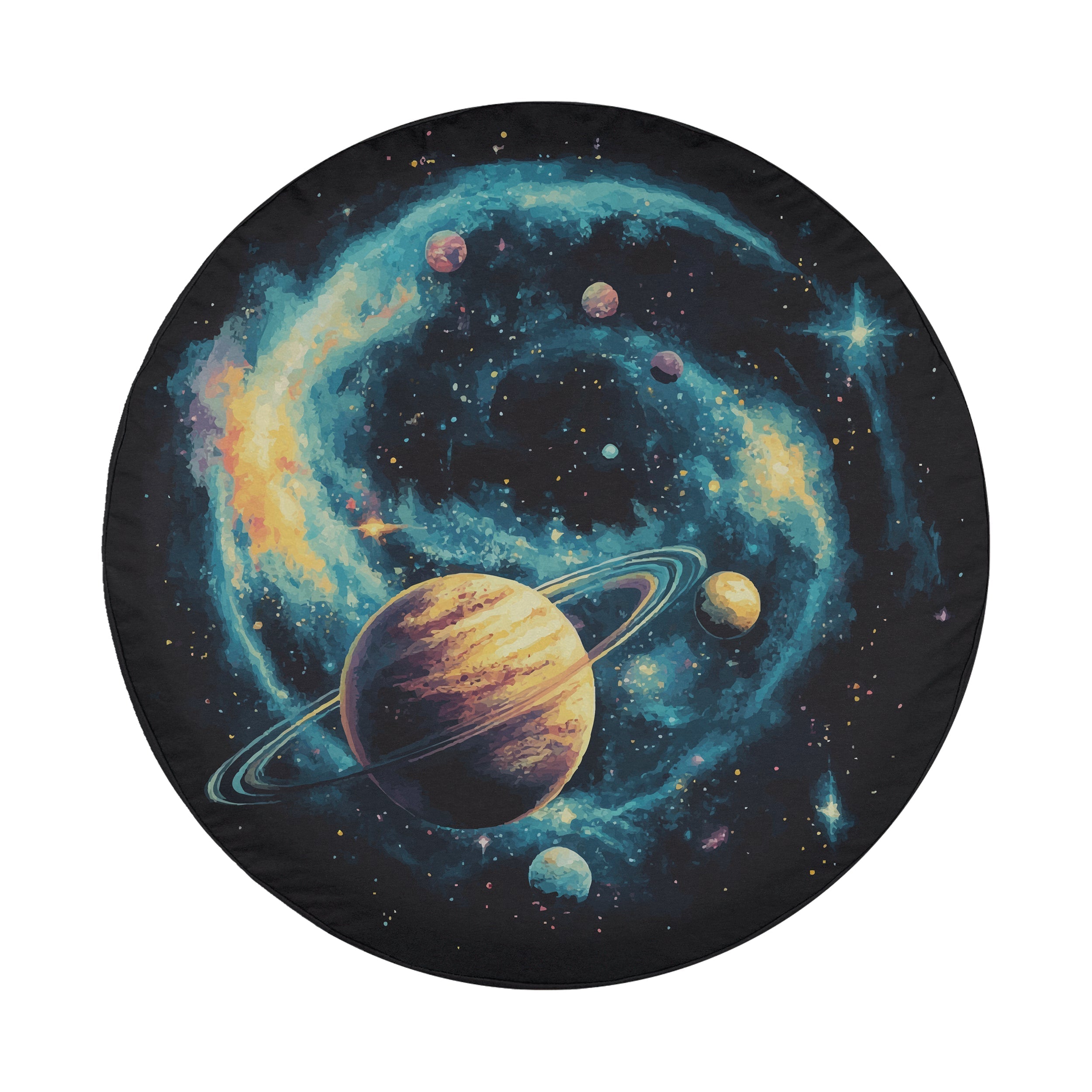 Planetary Pathways spare tire cover flat art with vibrant planets, orbits, and stars in a vivid cosmic composition