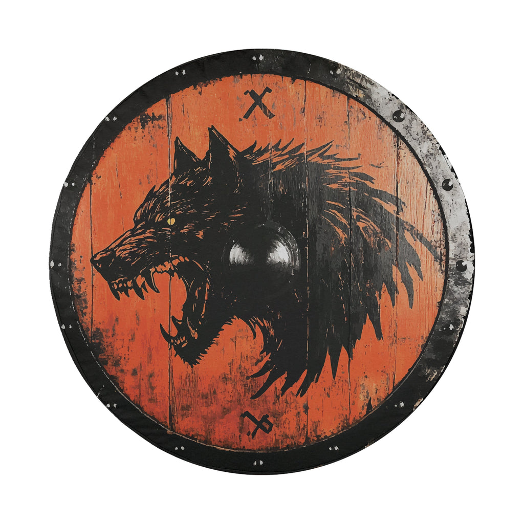 Round Viking Fenrir wolf shield tire cover white background snarling wolf orange weathered planks