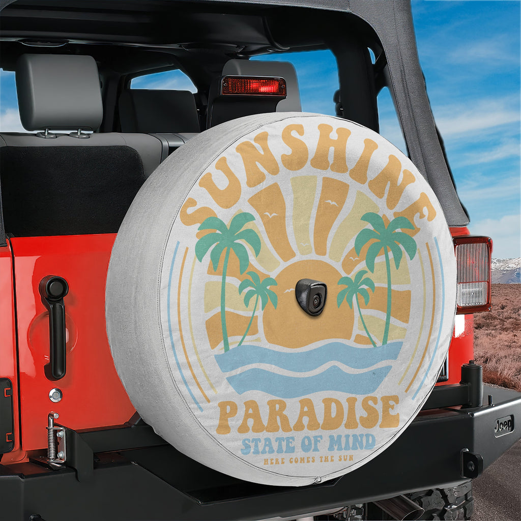 Sunshine Paradise design printed spare tire cover with optional backup camera hole by Graffix