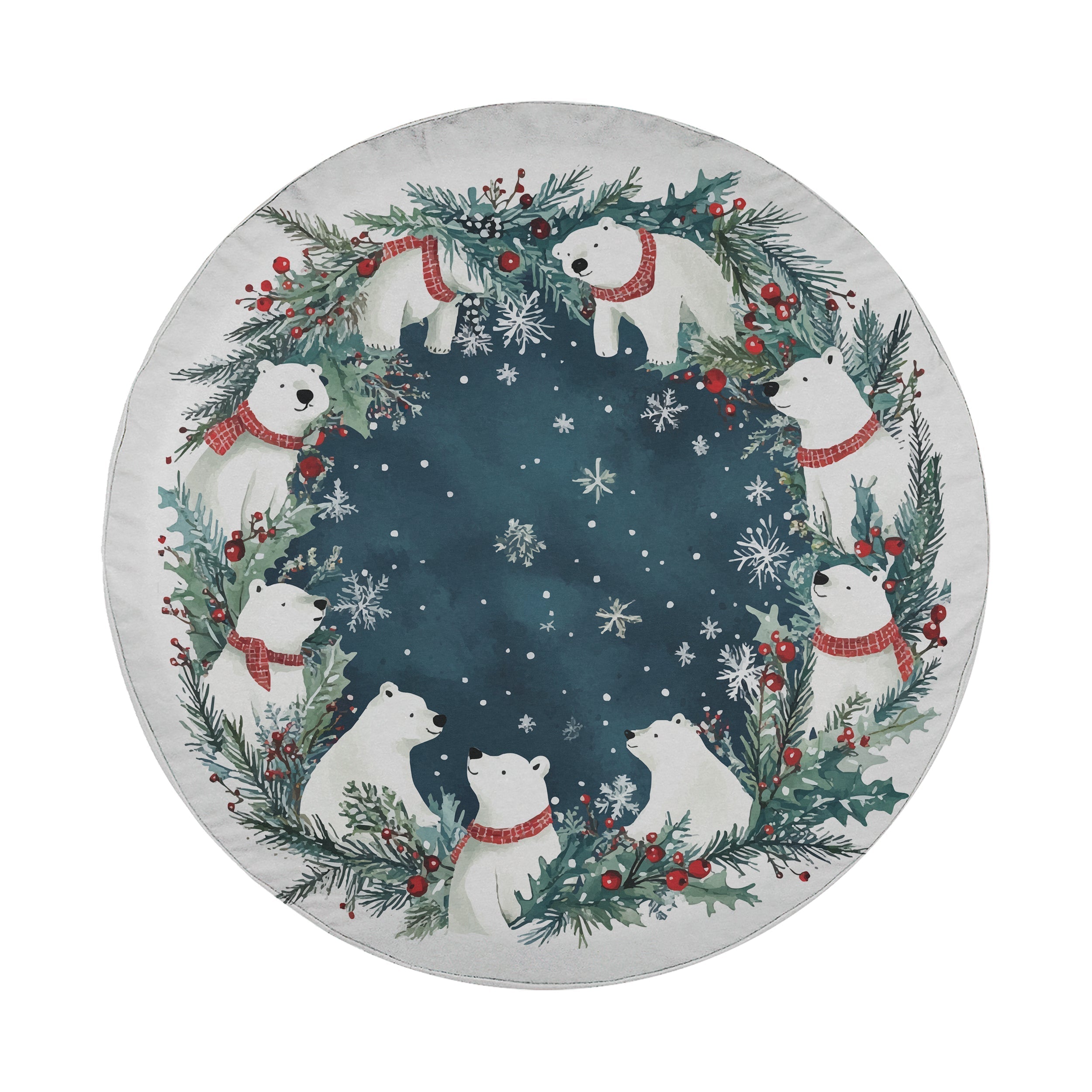 Polar Bear wreath tire cover round watercolor design white bears red scarves pine holly garland frame