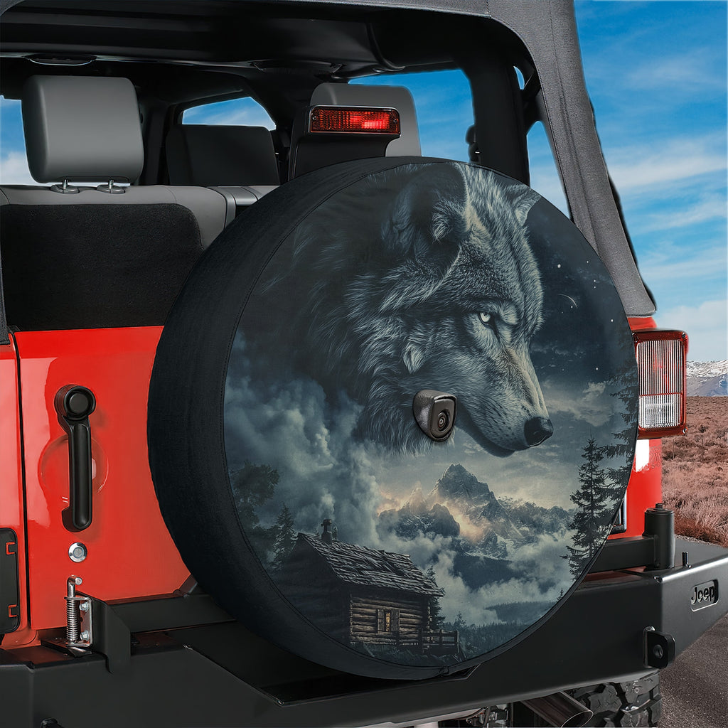 Spirit Wolf Overlook design printed spare tire cover with optional backup camera hole by Graffix