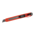 Red retractable snap-off blade utility knife with black slider grip shown on a white background