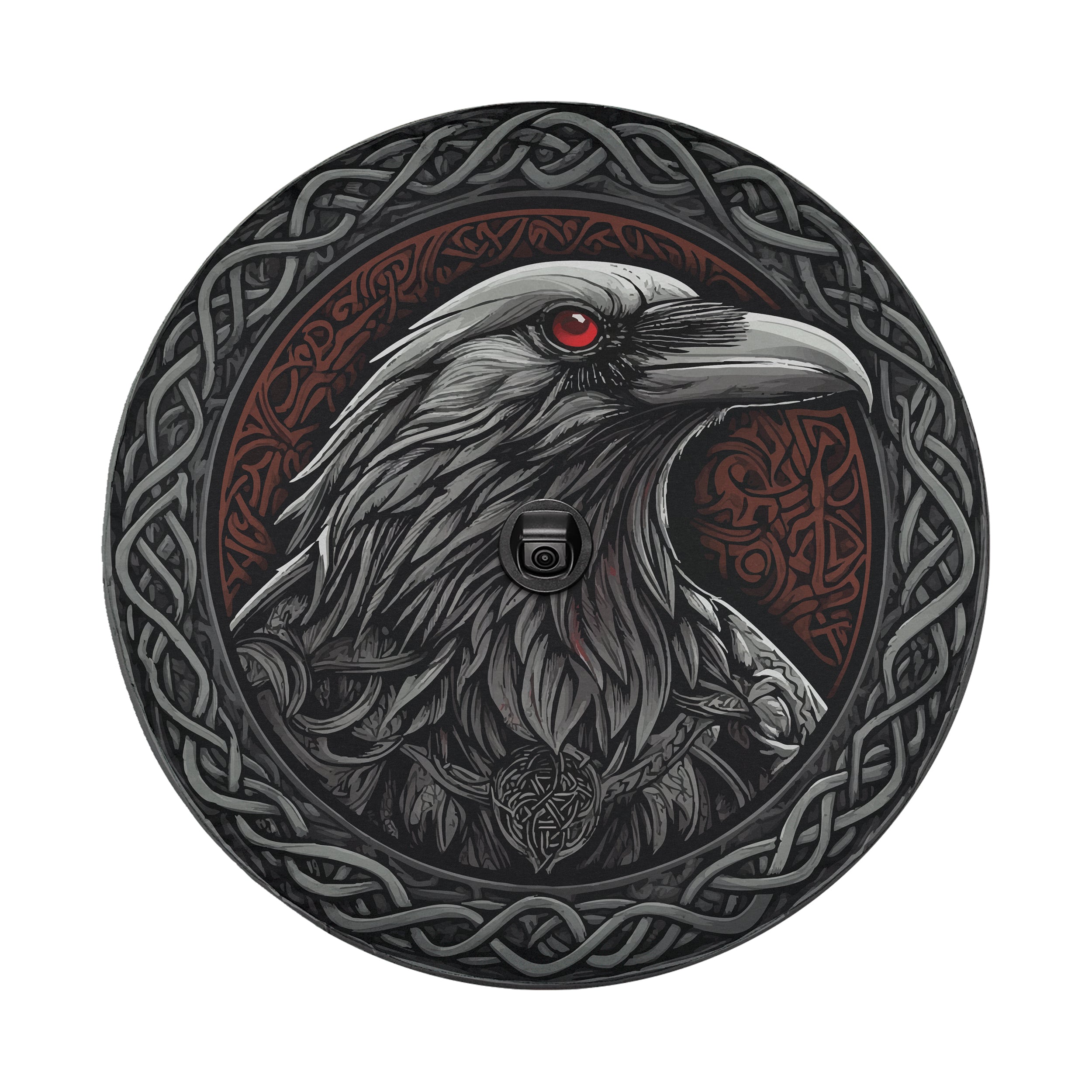 Flat Odin's ravens spare tire cover artwork showing Norse raven with red eye and Celtic knotwork shield design
