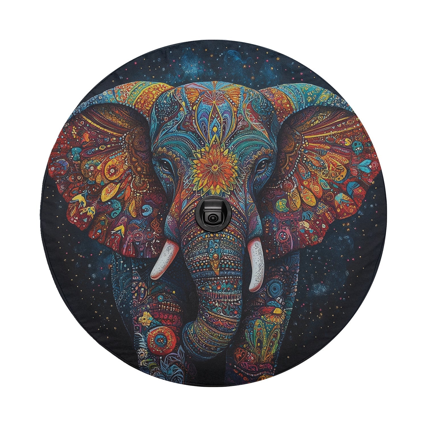 Mandala Elephant boho painted tire cover round product render with intricate paisley pattern on body