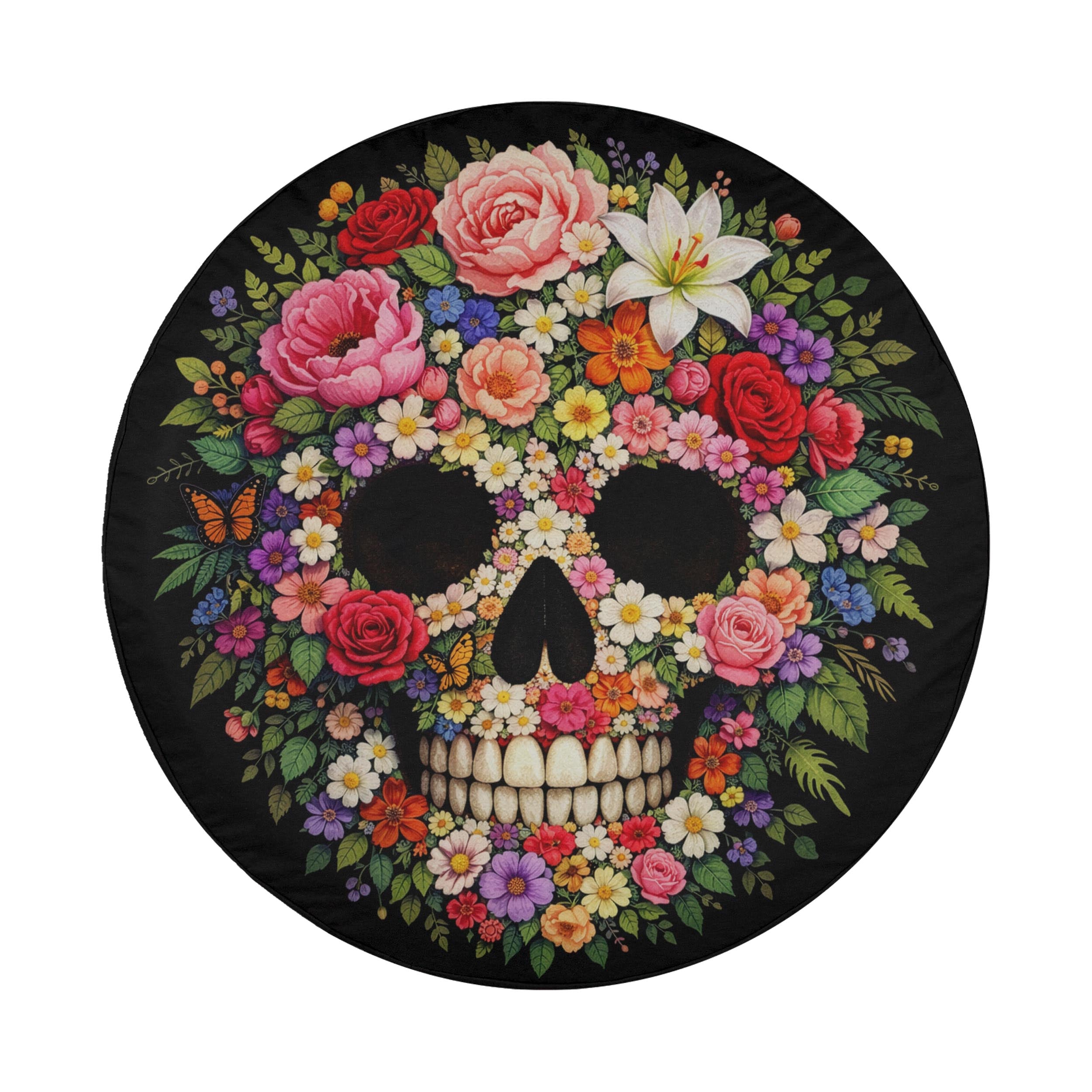 A round, black circular design featuring a colorful floral arrangement of a skull surrounded by various flowers and leaves.