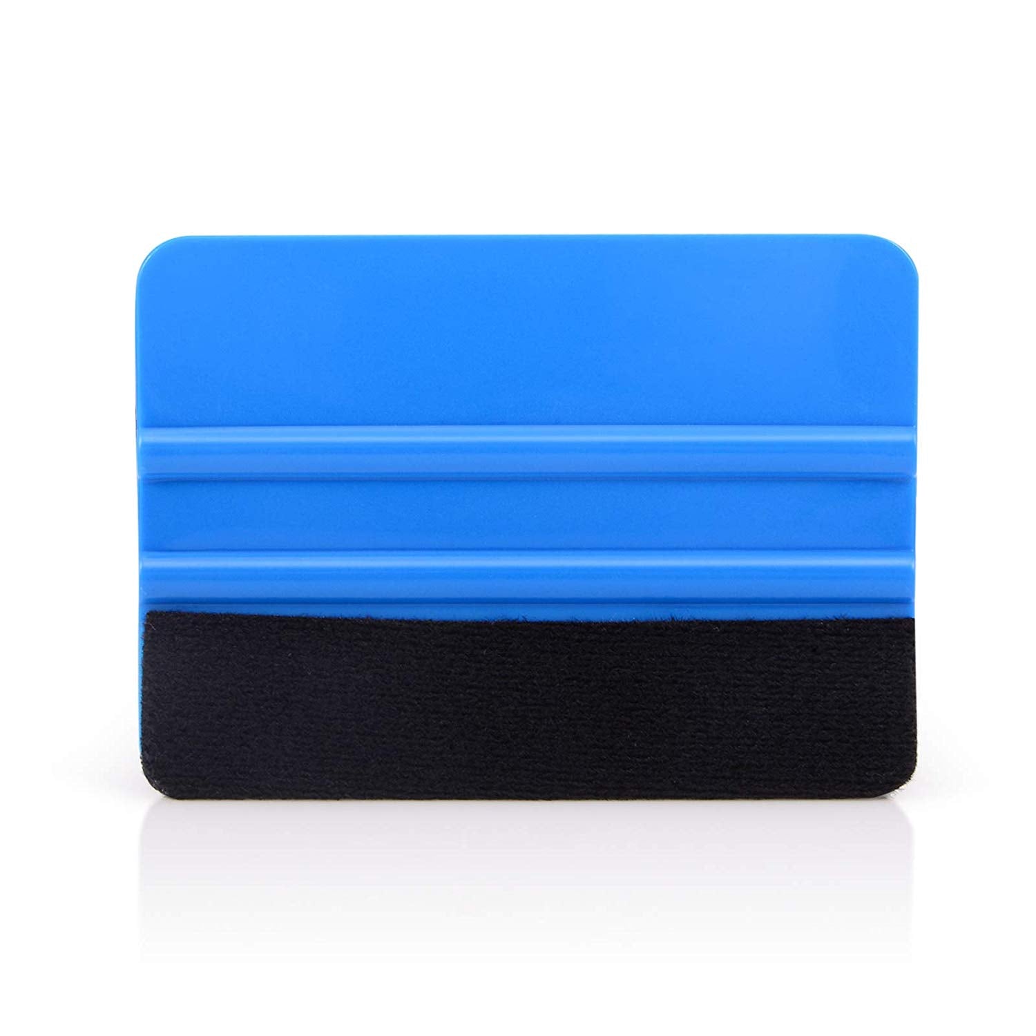 Blue plastic felt edge squeegee 4 inch decal applicator tool front view with black fabric edge