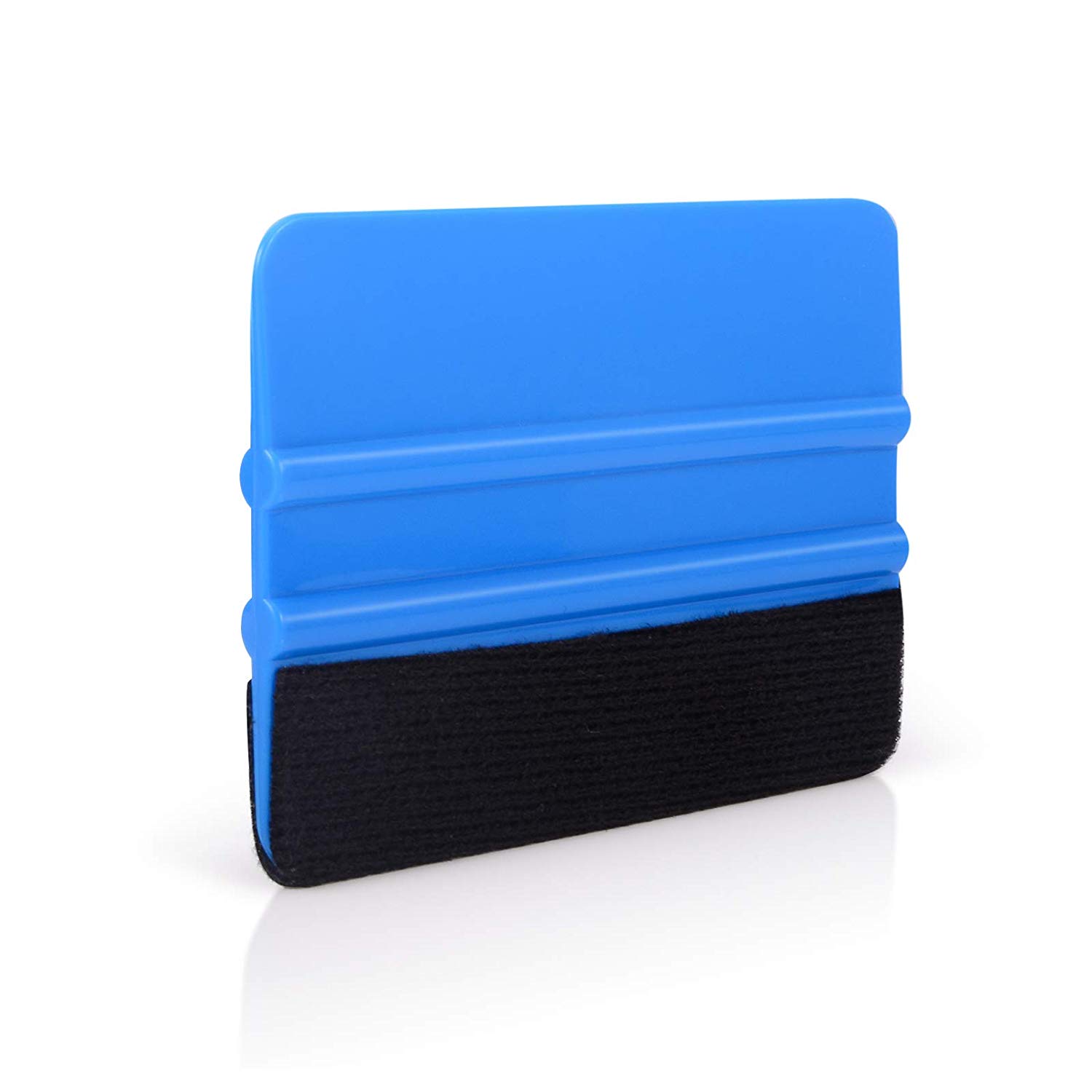 Blue plastic felt edge squeegee 4 inch decal applicator tool side view showing black felt strip