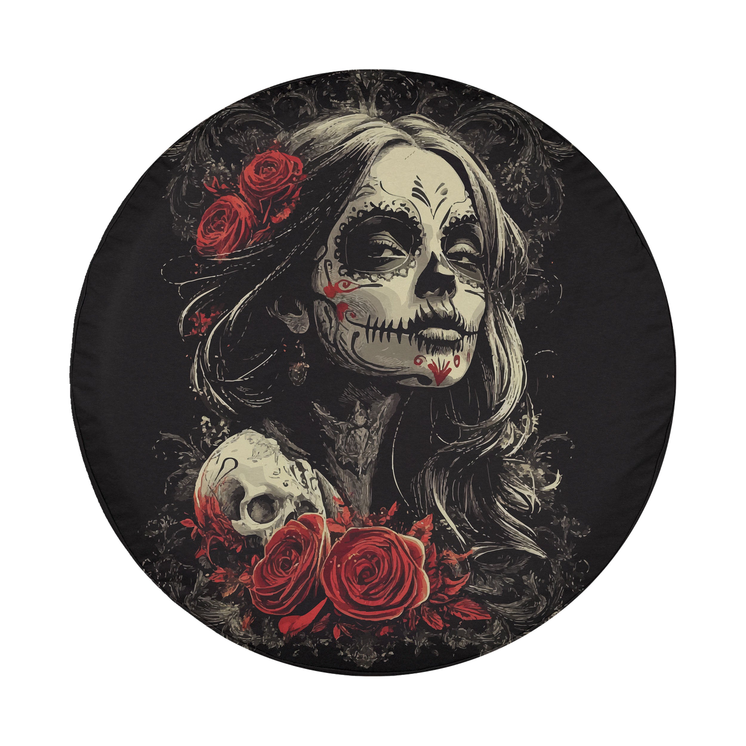 Dia de los Muertos Beauty spare tire cover product view of sugar skull woman and crimson roses