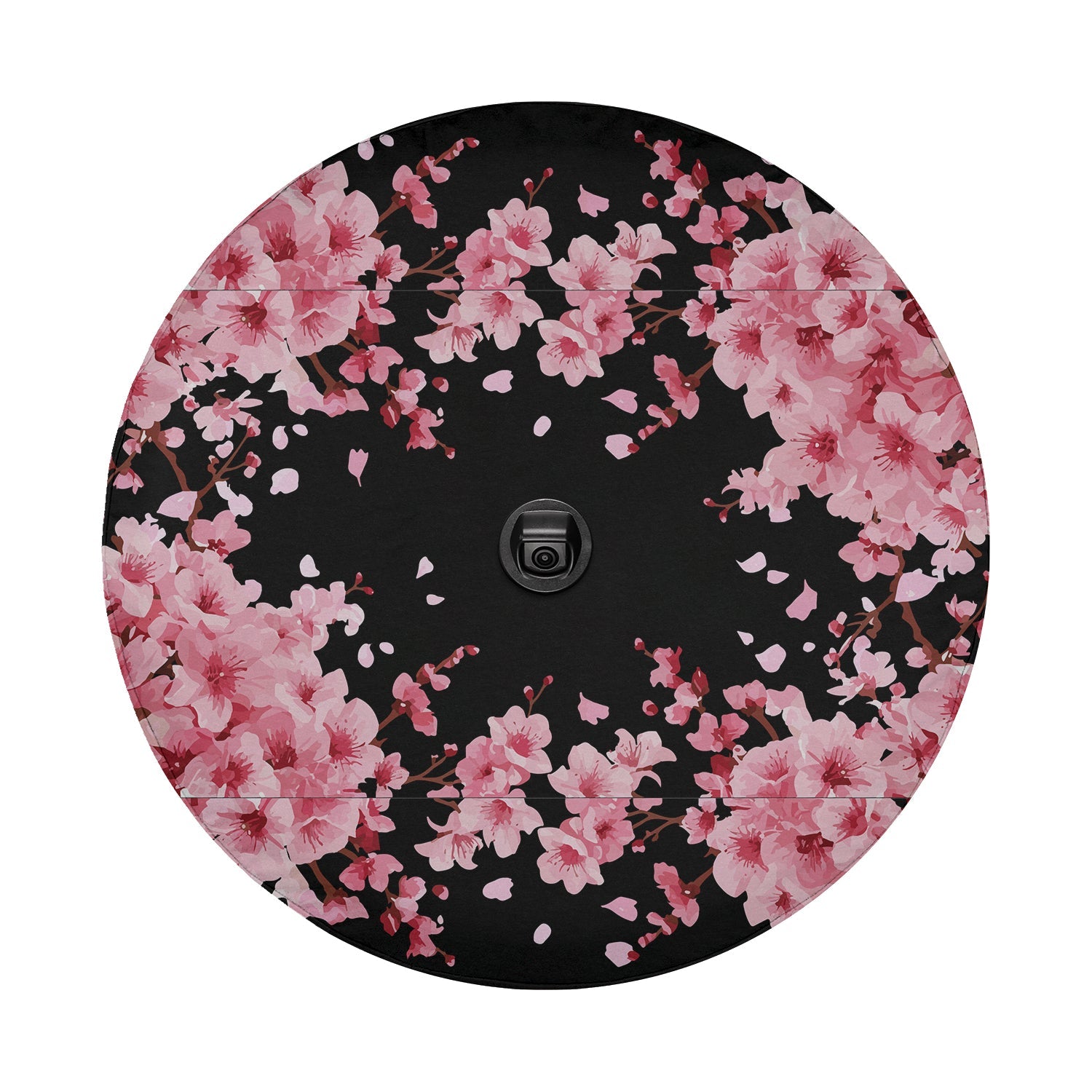 Pink sakura flower tire cover flat round view with branches framing center backup camera cutout hole