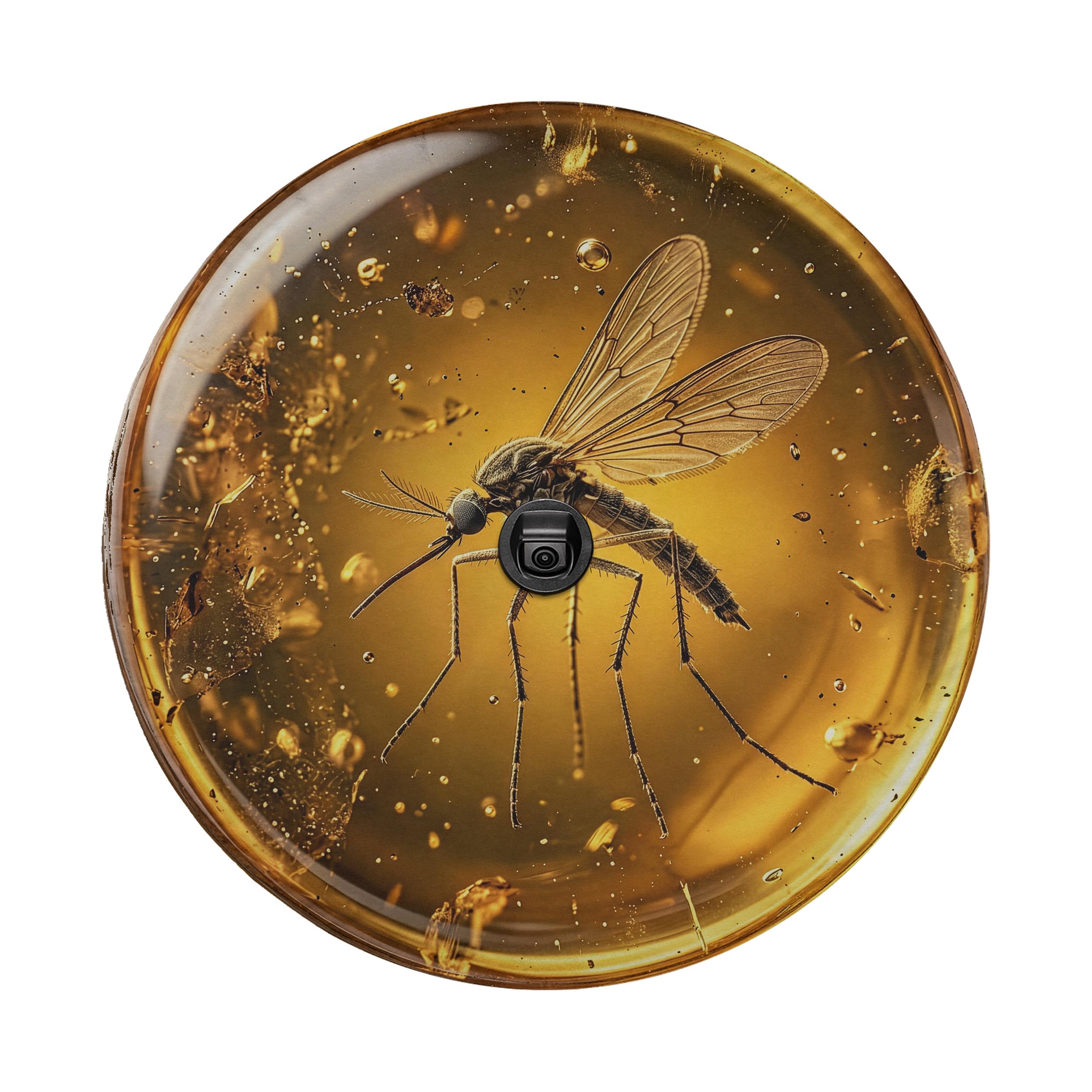 a close-up of a mosquito inside a glass container filled with a golden liquid, creating a visually striking and detailed representation of the insect.