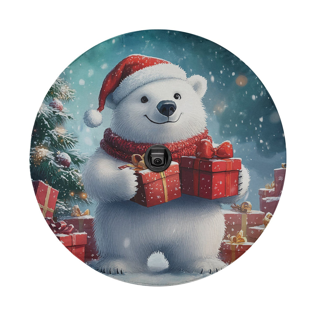 Winter Wonderland Bear spare tire cover flat art with a smiling polar bear hugging a red present in a snowy scene
