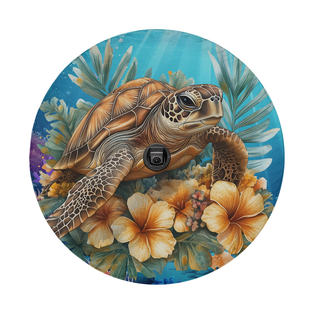 A detailed illustration of a sea turtle surrounded by tropical flowers and plants, with a blue background.