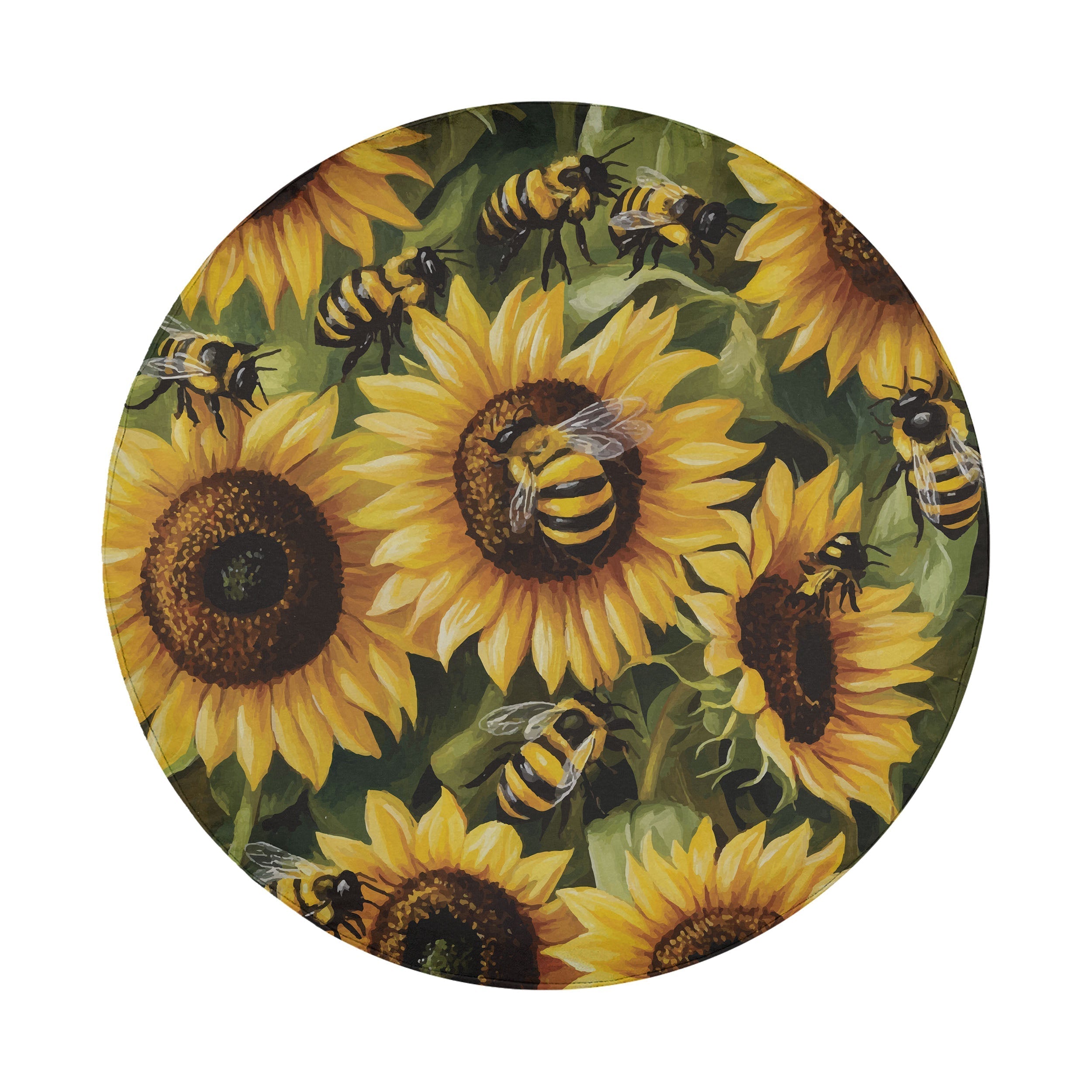 Round tire cover art showing bees hovering over a vibrant cluster of yellow sunflower blooms