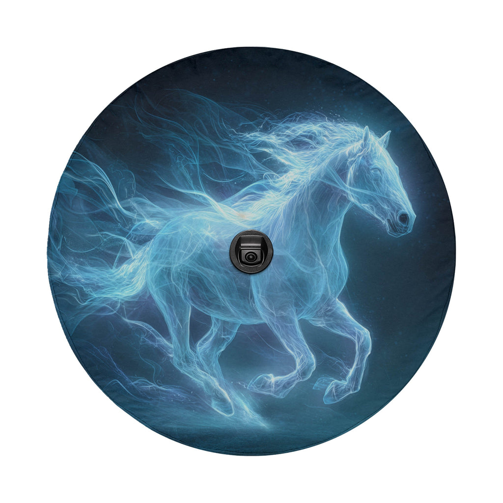 A ghostly, ethereal horse galloping through a dark, mysterious landscape, with a camera obscura or similar device visible in the center of the image.